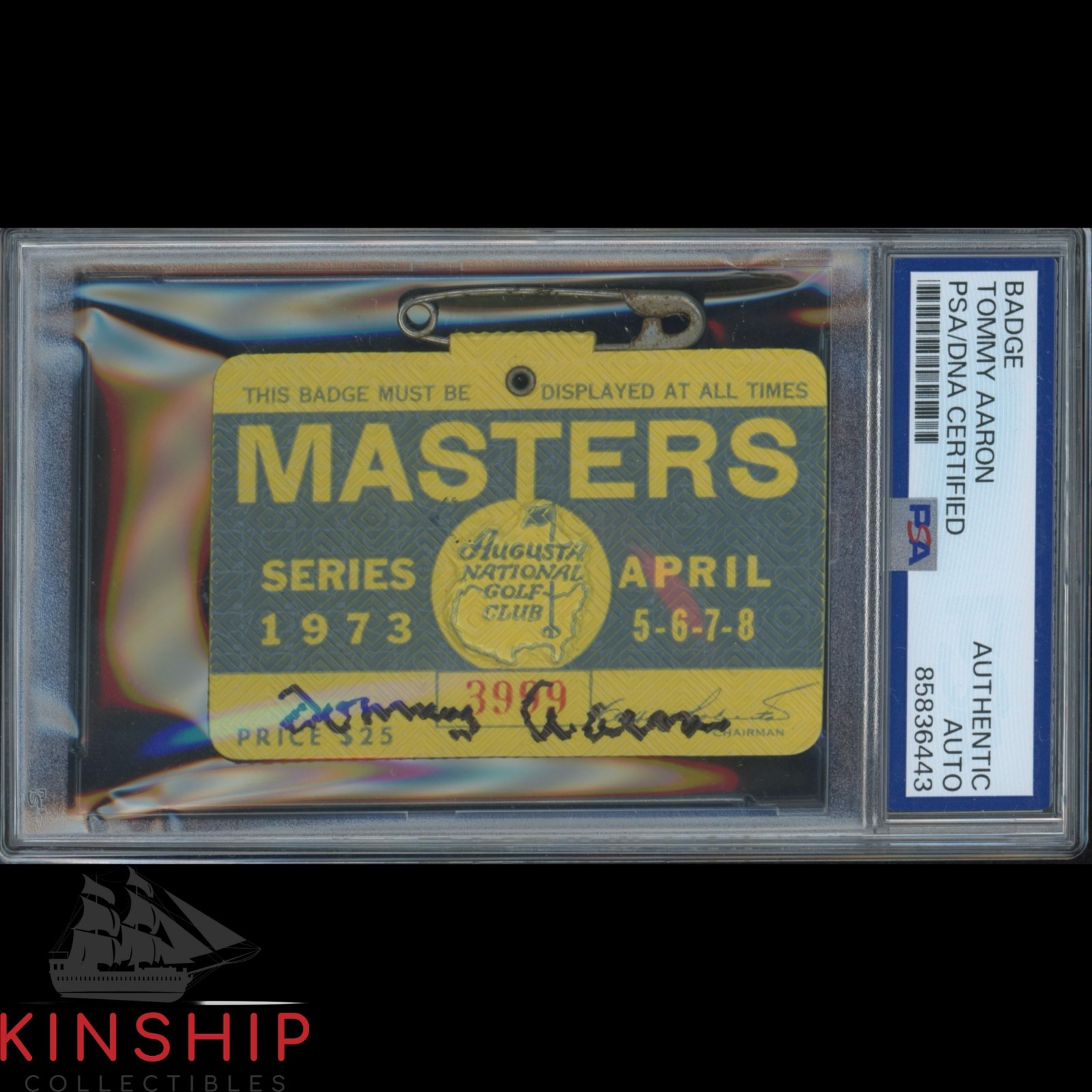 Tommy Aaron signed 1973 Masters Badge PSA DNA Slab Augusta Golf Auto C6312