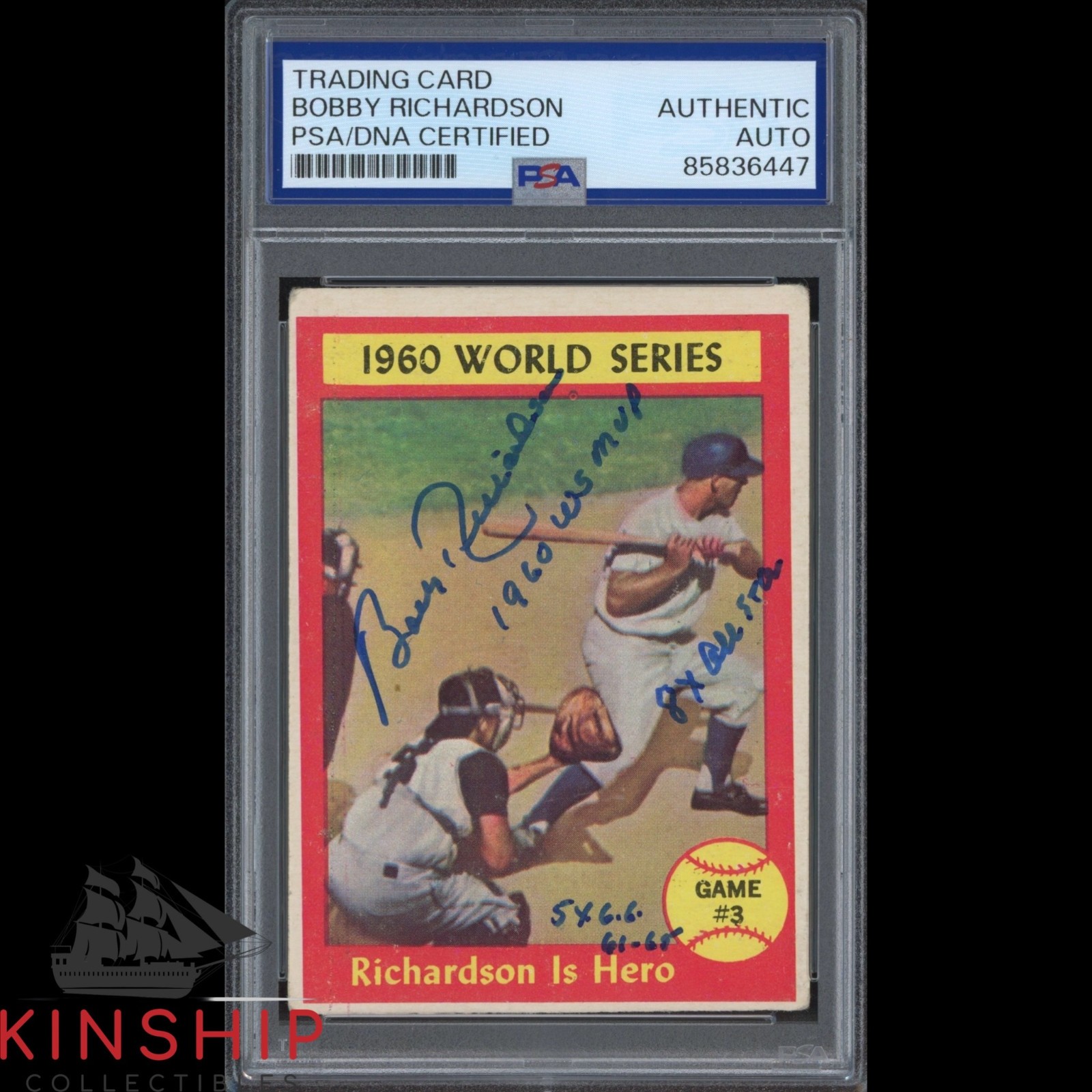 Bobby Richardson signed 1961 Topps World Series Card 308 PSA DNA Slab Auto C6288