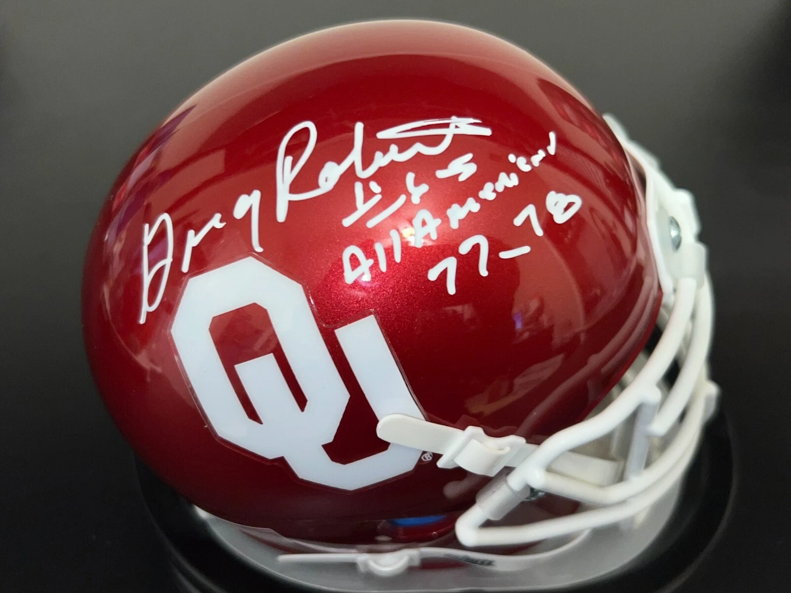 GREG ROBERTS OKLAHOMA SOONERS  ALL AMERICAN 1977-78  SIGNED SCHUTT MINI HELMET