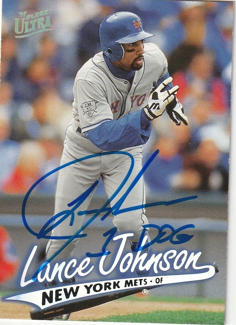 LANCE JOHNSON NEW YORK METS SIGNED 1997 FLEER ULTRA CARD #242