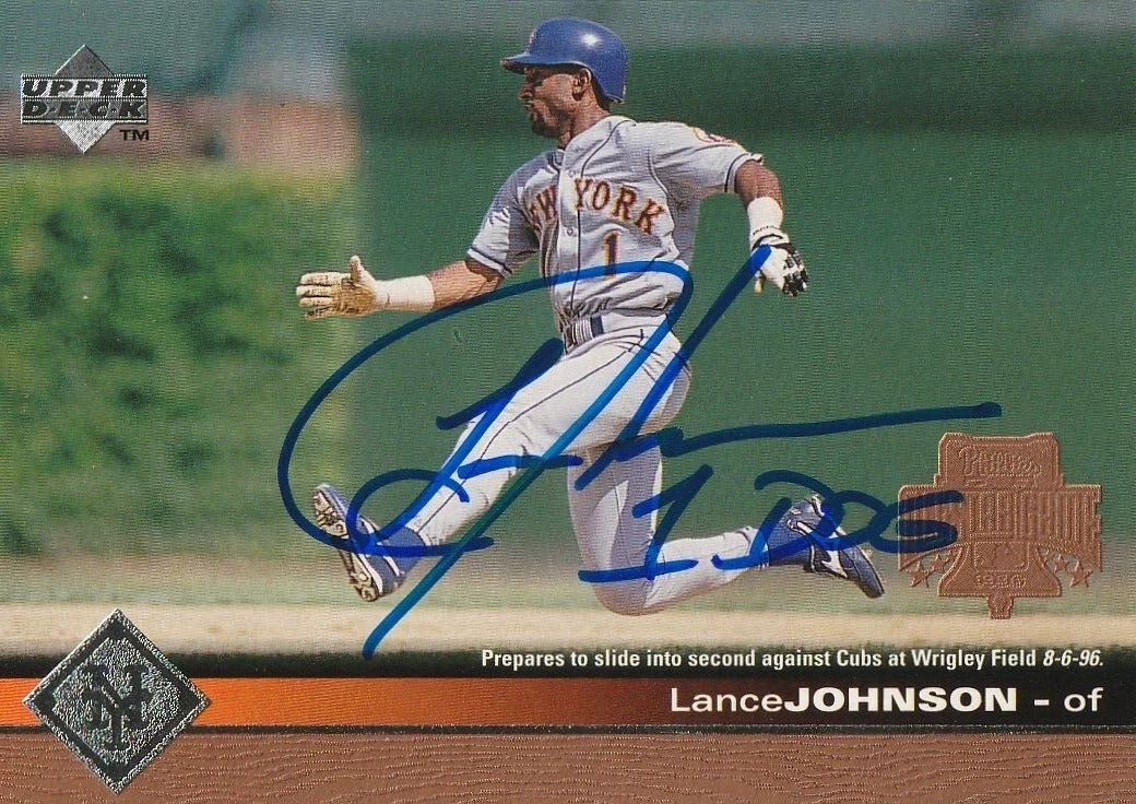 LANCE JOHNSON NEW YORK METS SIGNED 1997 UPPER DECK CARD #435