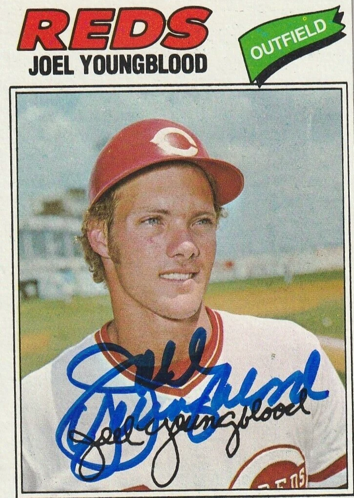 JOEL YOUNGBLOOD CINCINNATI REDS SIGNED 1977 TOPPS CARD #548