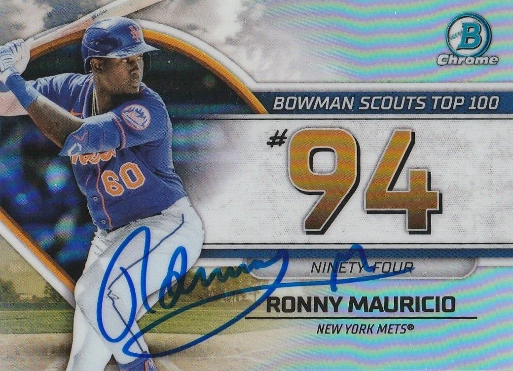 RONNY MAURICIO NEW YORK METS  SIGNED 2023 BOWMAN CHROME TOP 100 CARD #BTP-94