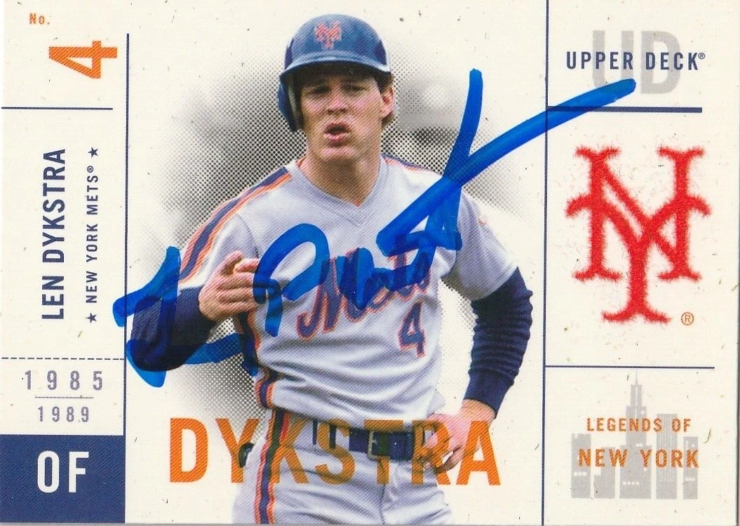 LENNY DYKSTRA  NEW YORK METS  SIGNED 2001 UPPER DECK LEGENDS CARD #72