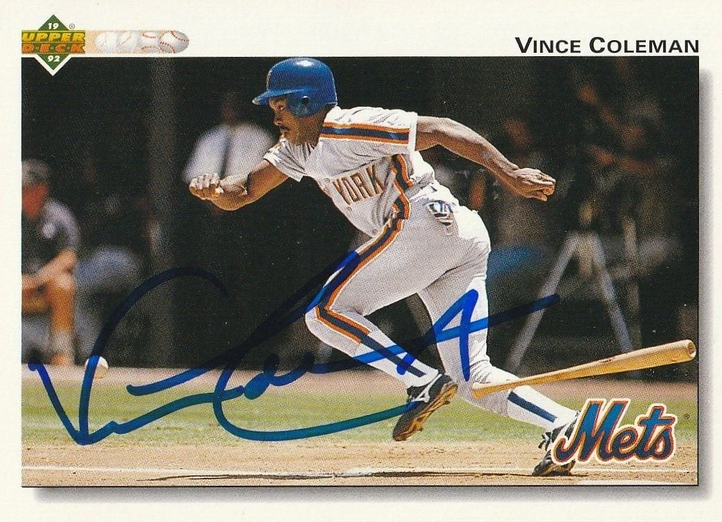 VINCE COLEMAN NEW YORK METS  SIGNED 1992 UPPER DECK CARD #131