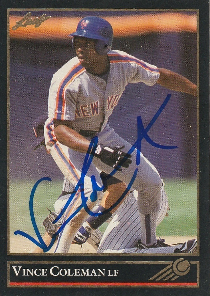 VINCE COLEMAN NEW YORK METS  SIGNED 1992 LEAF CARD #42
