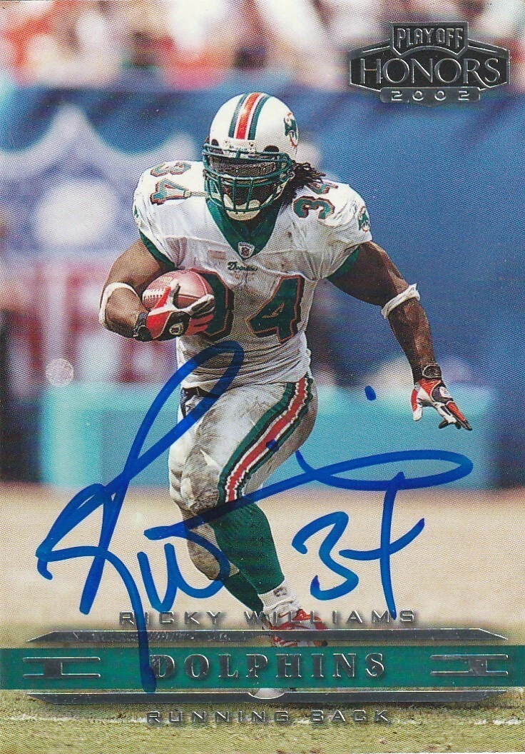 RICKY WILLIAMS MIAMI DOLPHINS  SIGNED 2002 PLAYOFF HONORS CARD #50