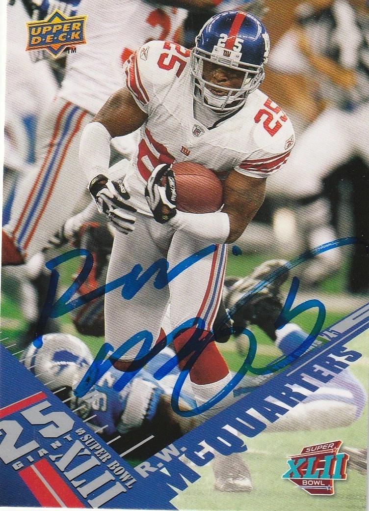 R.W. MCQUARTERS NEW YORK GIANTS  SIGNED 2008 UPPER DECK SUPER BOWL XLII CARD #2