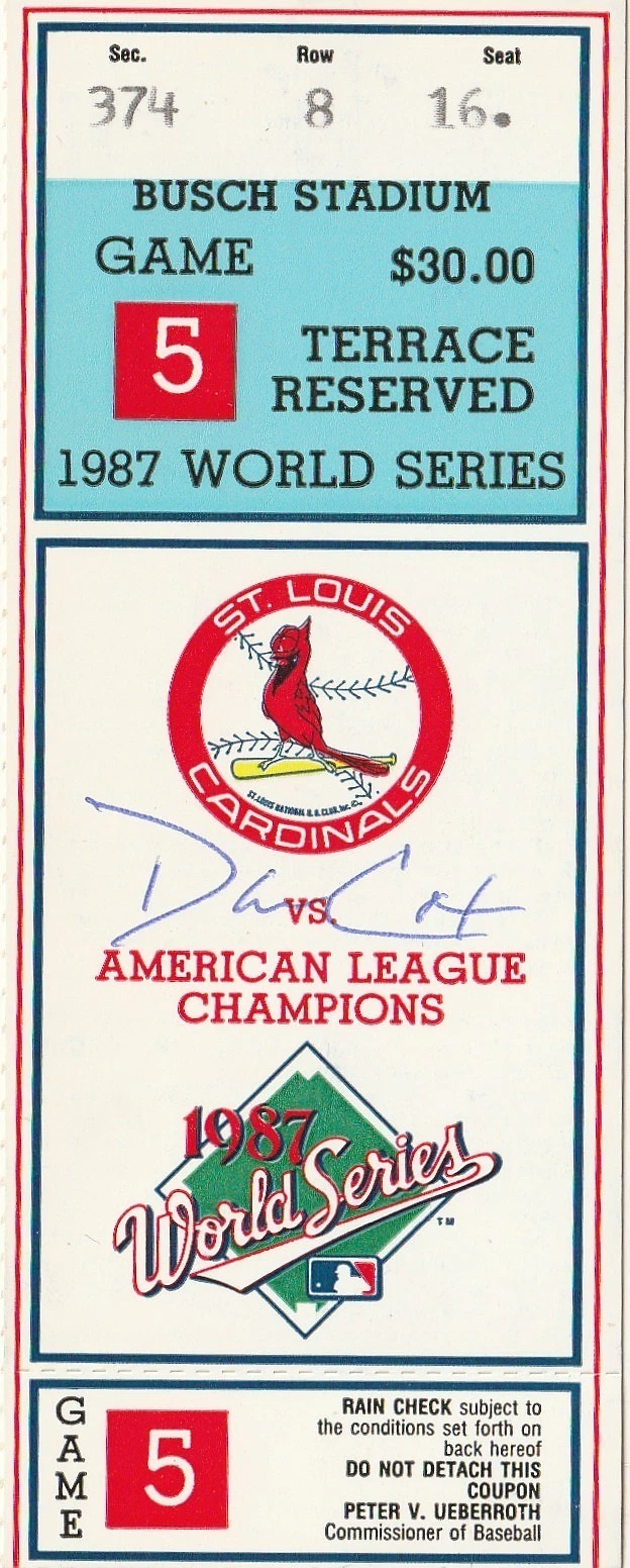 DANNY COX ST. LOUIS CARDINALS SIGNED 1987 GAME 5 WORLD SERIES TICKET