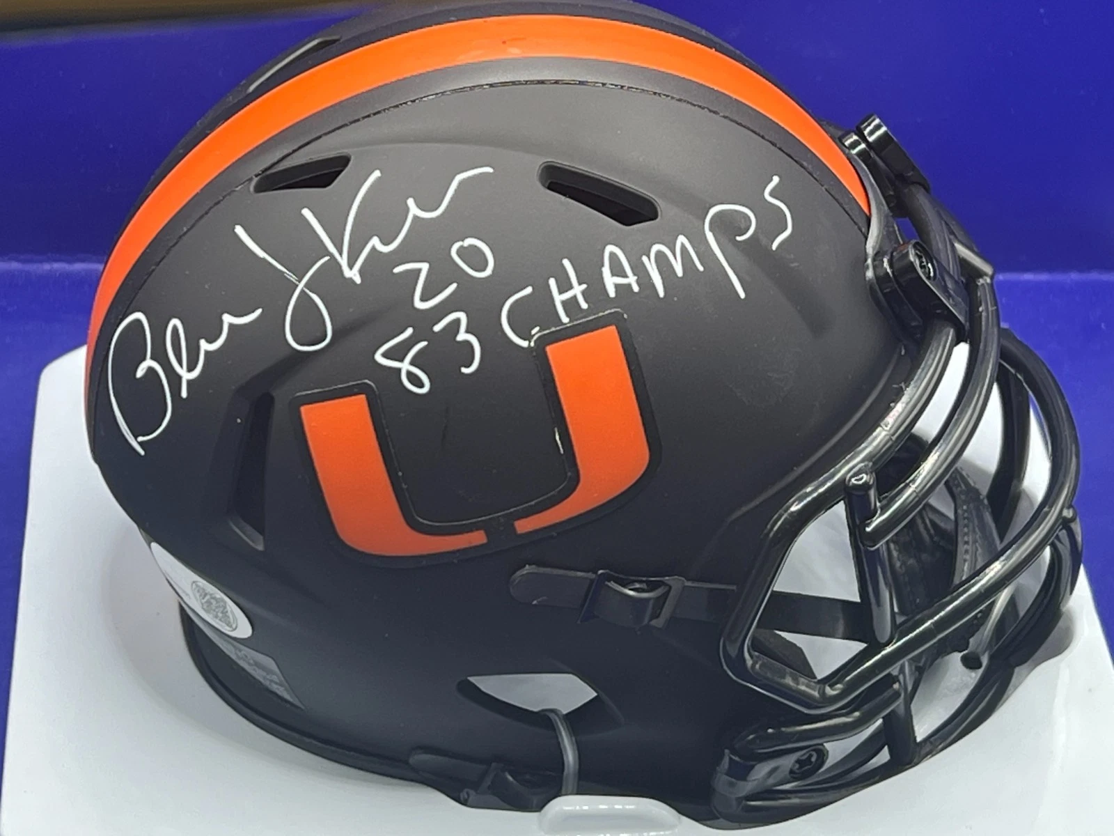 BERNIE KOSAR MIAMI HURRICANES 83 NATIONAL CHAMPS  JSA BLACK SATIN SIGNED MINI