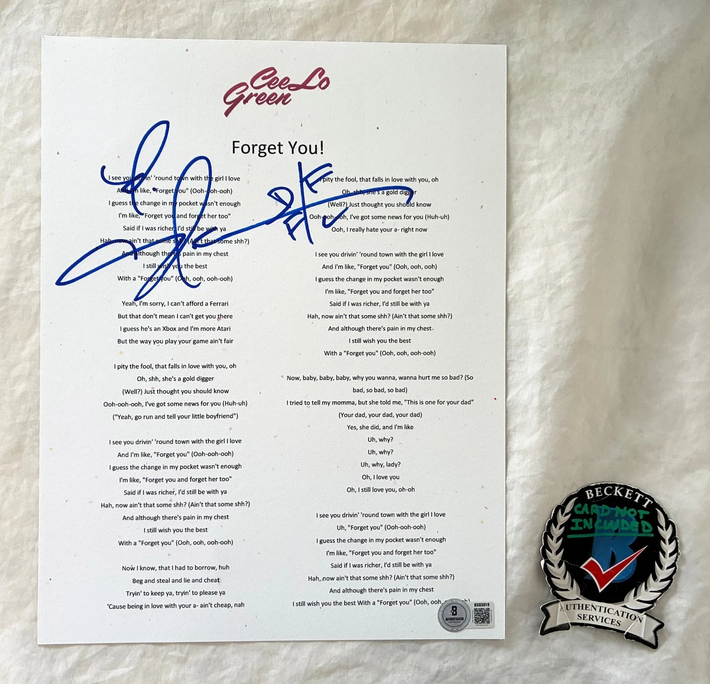 CeeLo Green Signed Lyric Sheet Forget You Beckett BAS 1 COA