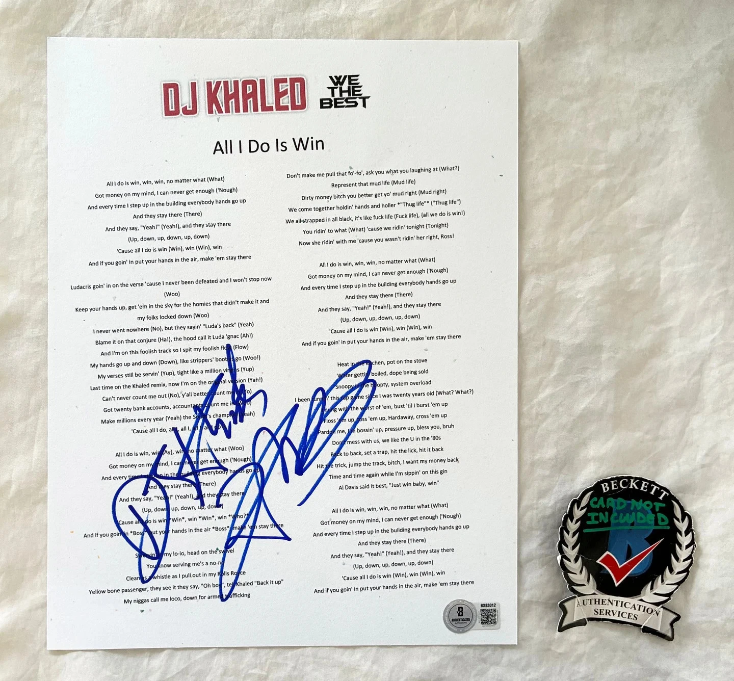 DJ Khaled Signed Lyric Sheet All I Do Is Win Beckett BAS COA