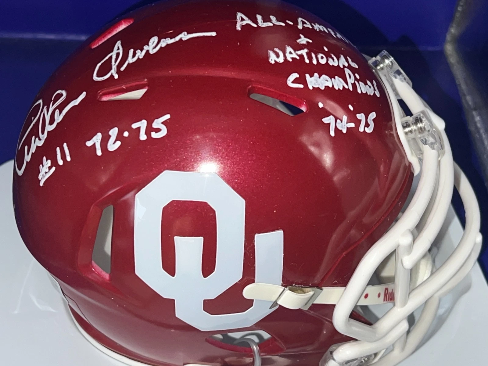 TINKER OWENS OKLAHOMA SOONERS NATIONAL CHAMPS 74-75 BECKETT SIGNED MINI HELMET