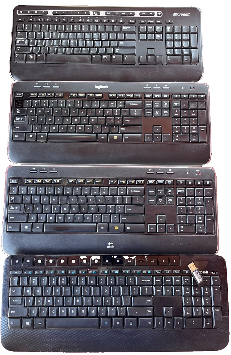 Lot of 4 Wireless Computer Keyboards Microsoft 1356 & 1477, 2 Logitech K520 READ
