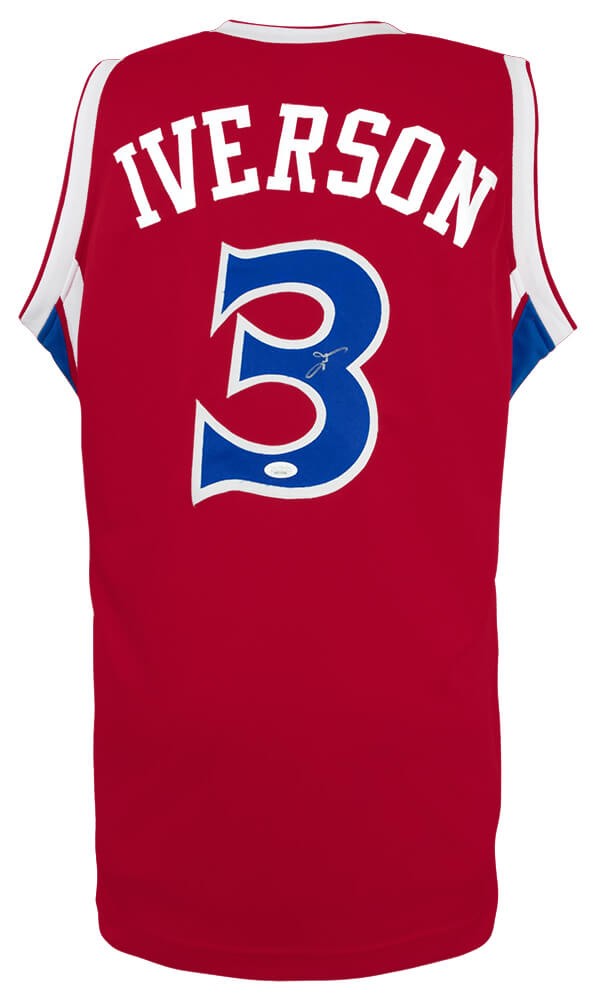 Allen Iverson Signed Red With Blue Numbers Custom Basketball Jersey - (JSA COA)