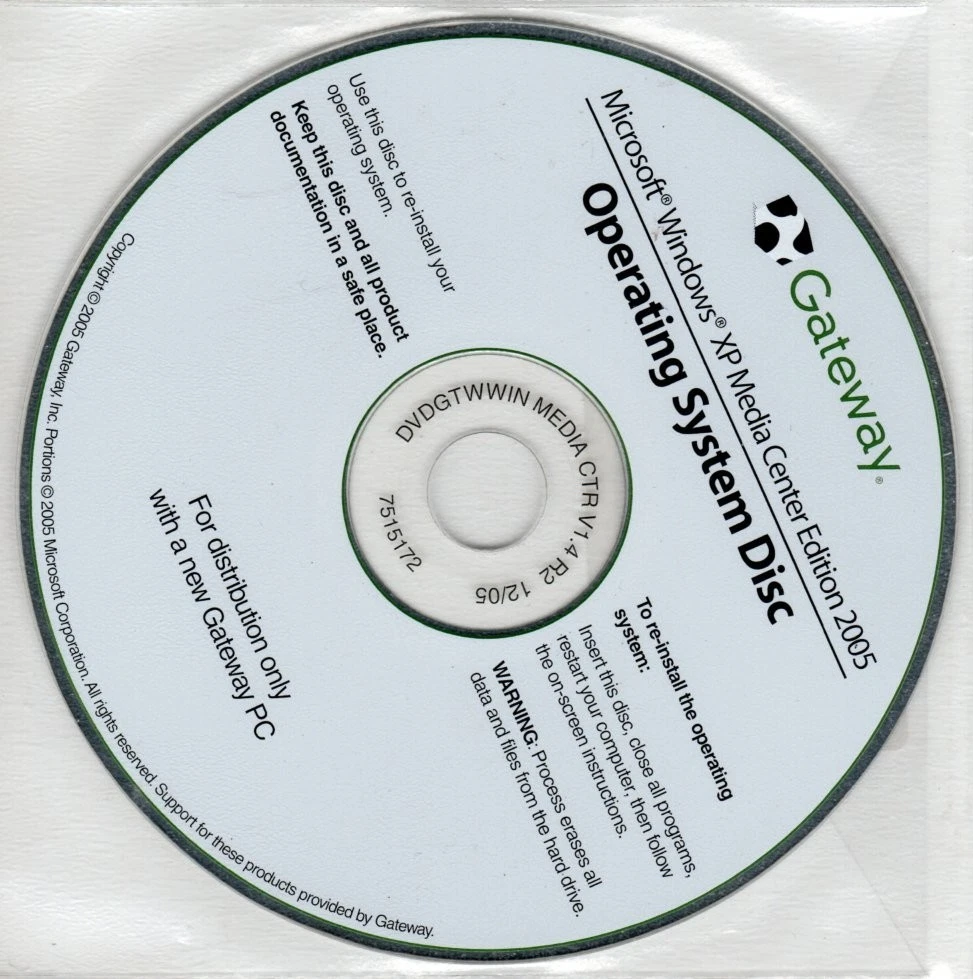 Gateway Microsoft  Windows XP Media Center Edition 2005 Operating System OS Disc