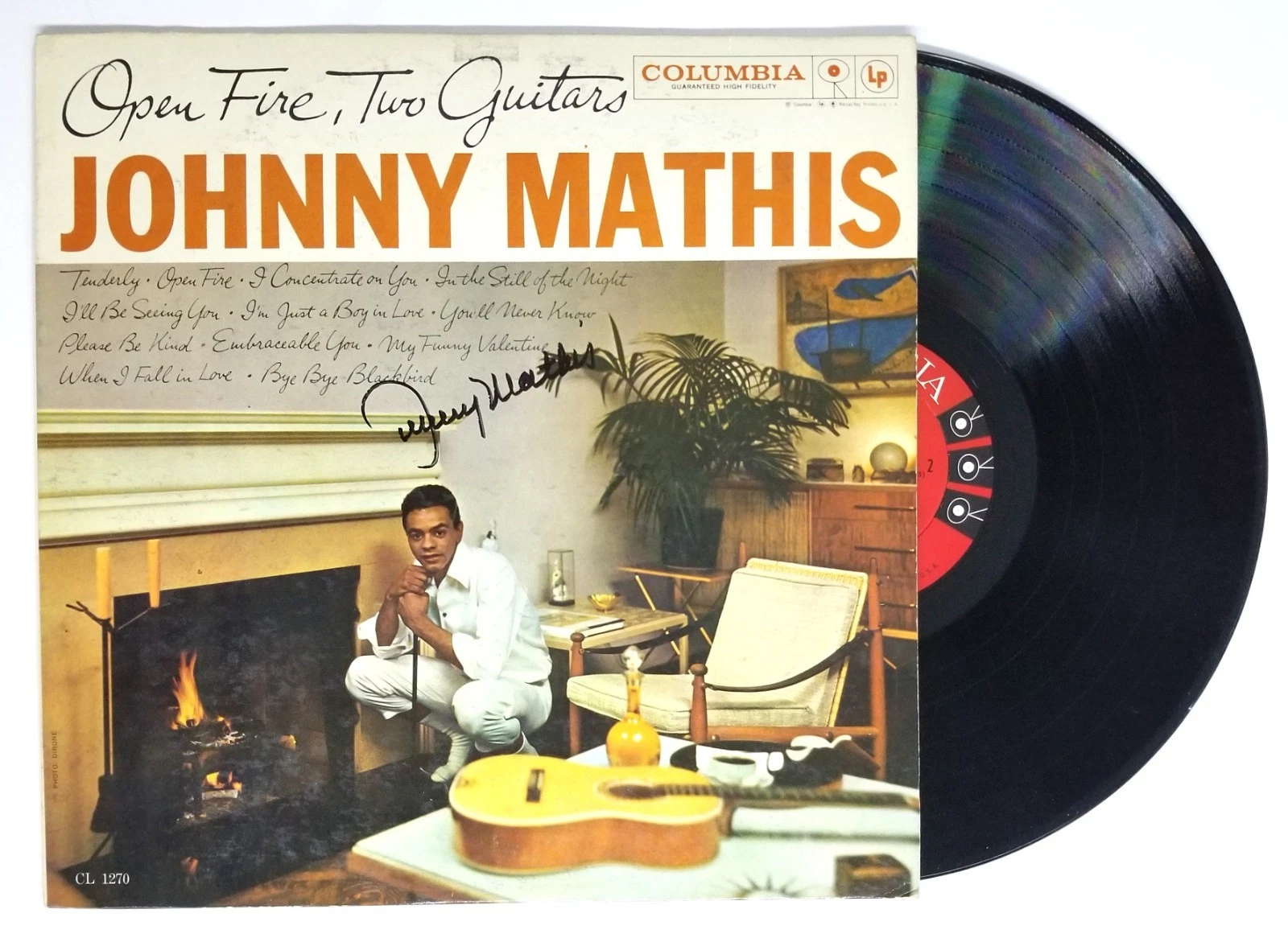 Johnny Mathis hand SIGNED Open Fire Two Guitars Vinyl Record JSA COA Autographed