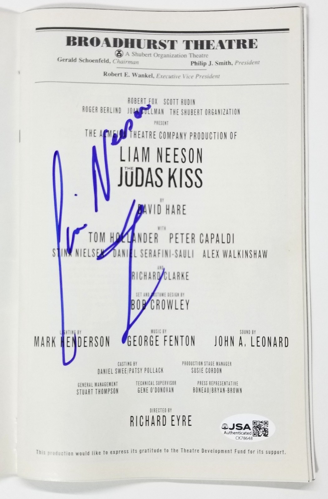 Liam Neeson +2 SIGNED Judas Kiss Broadway Playbill JSA COA Autograph Star Wars