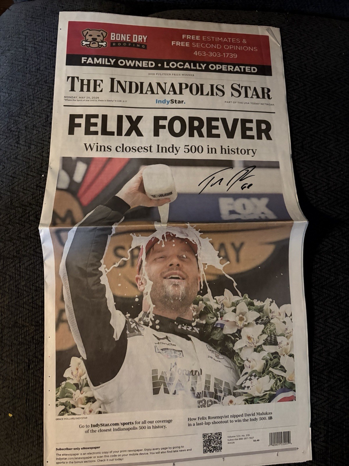 Felix Rosenqvist Signed 2026 Indianapolis 500 Indy Star Newspaper Closest Finish