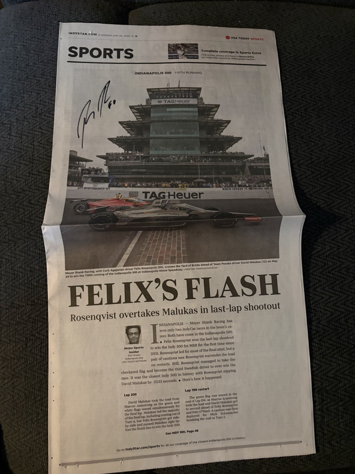 Felix Rosenqvist Signed 2026 Indianapolis 500 Indy Star Newspaper Closest Finish