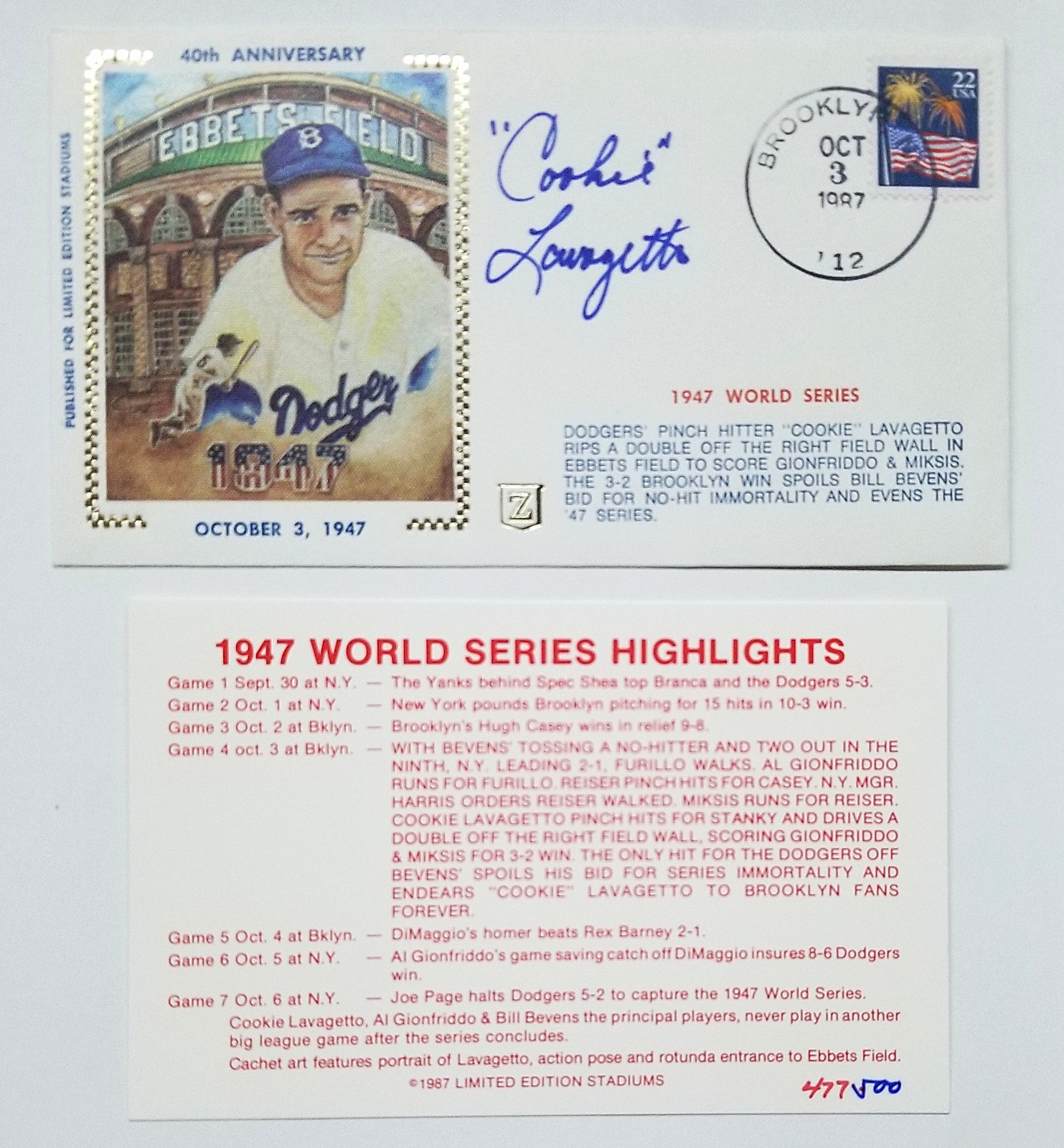 Cookie Lavagetto SIGNED 1947 World Series First Day Cover FDC Envelope JSA COA