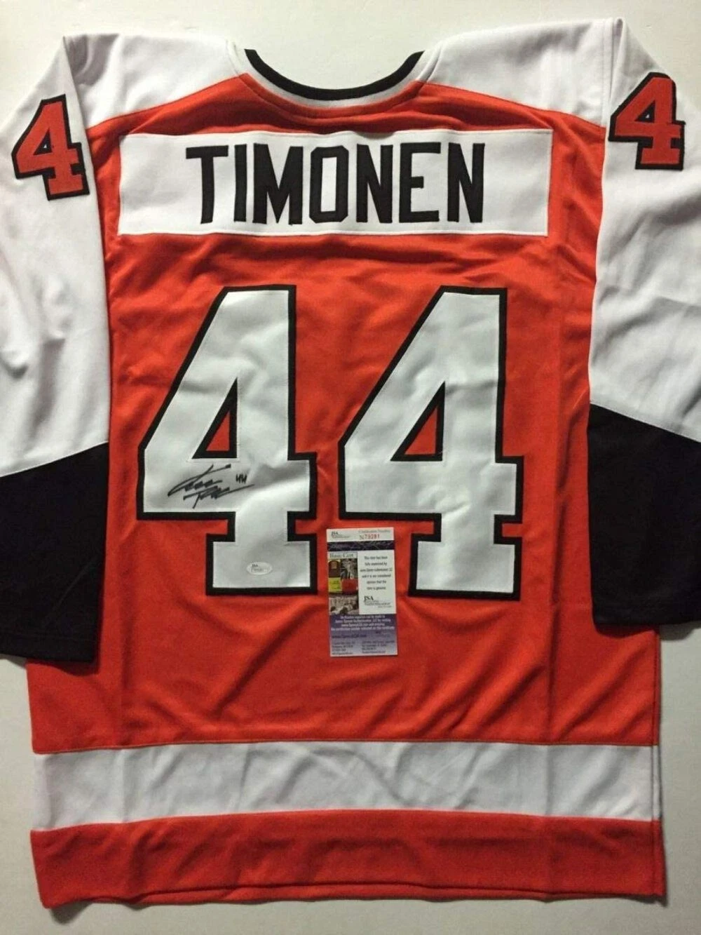 Autographed/Signed KIMMO TIMONEN Philadelphia Orange Hockey Jersey JSA COA Auto