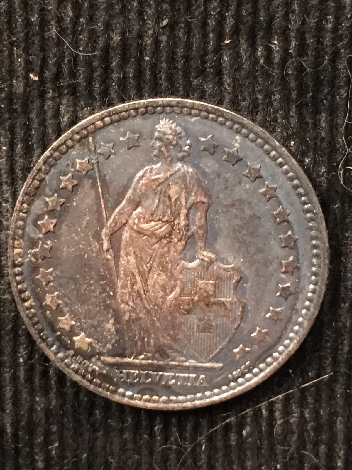 1876 Silver Switzerland Franc TONED CH UNC