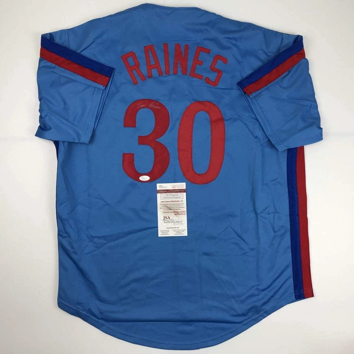 Autographed/Signed TIM RAINES Montreal Blue Baseball Jersey JSA COA Auto