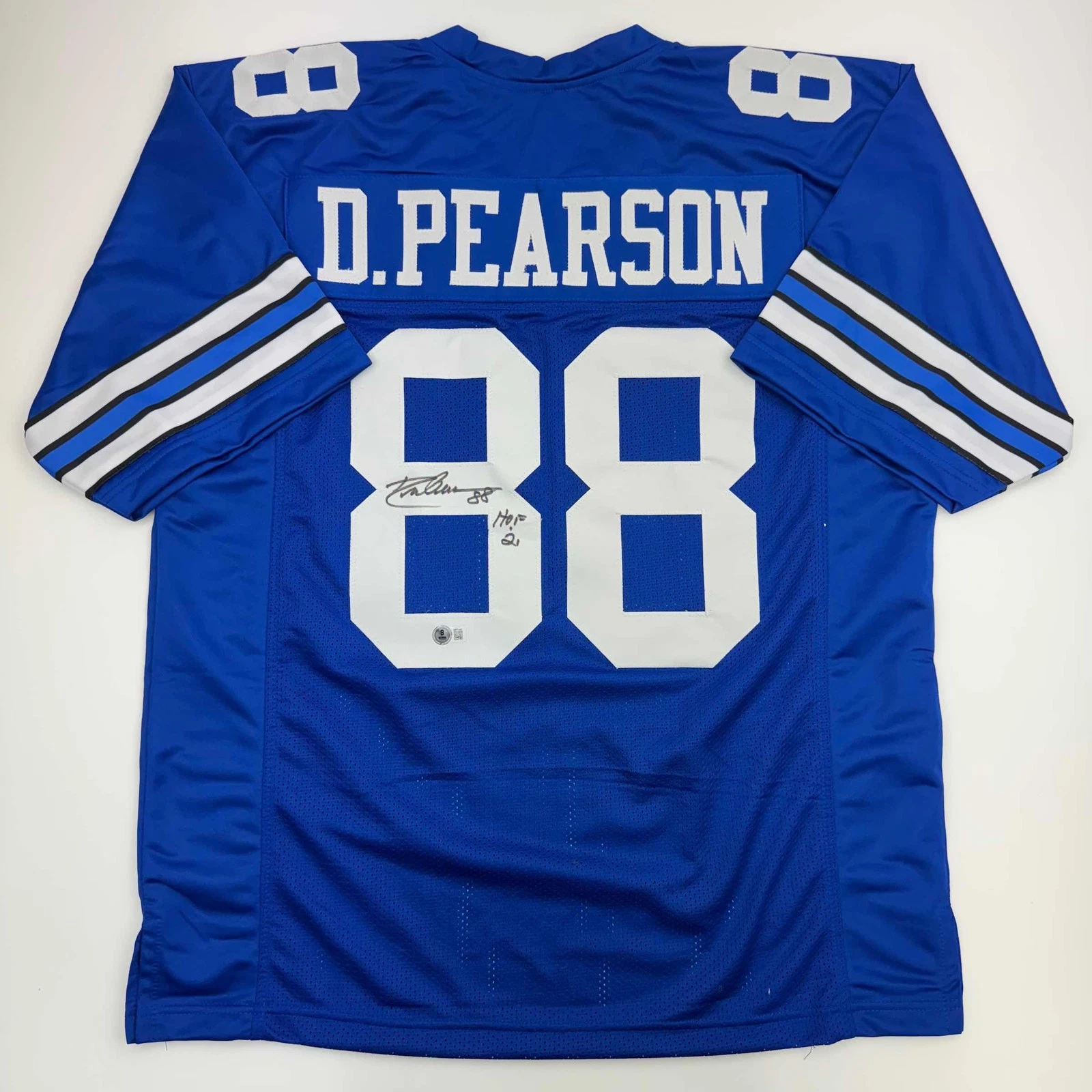 Autographed/Signed DREW PEARSON Dallas Blue Football Jersey JSA COA Auto