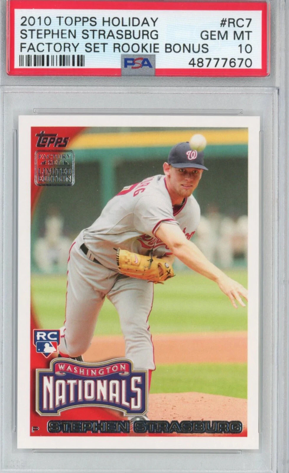 Graded 2010 Topps Holiday Stephen Strasburg #RC7 Factory Set Rookie Card PSA 10