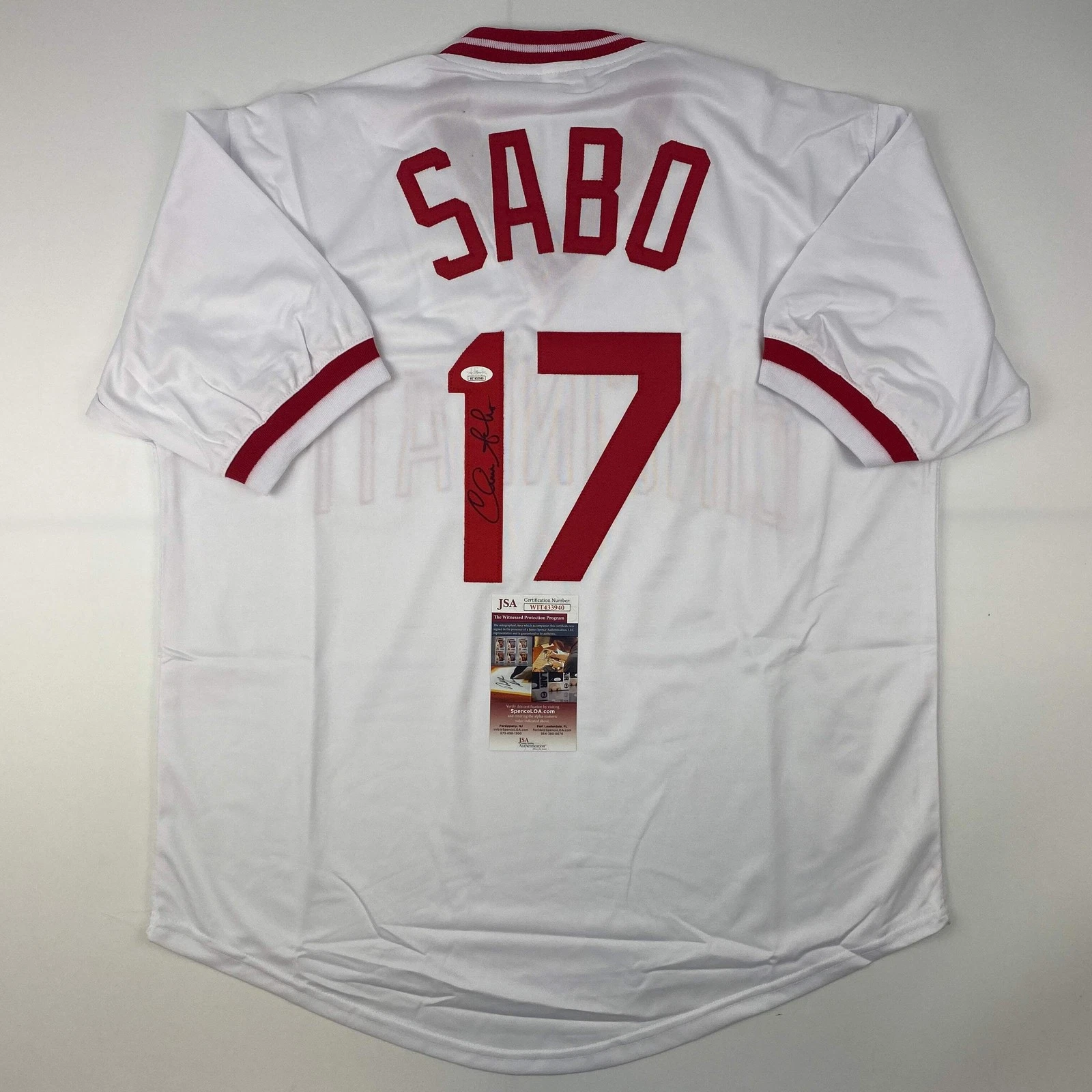 Autographed/Signed Chris Sabo Cincinnati White Baseball Jersey JSA COA
