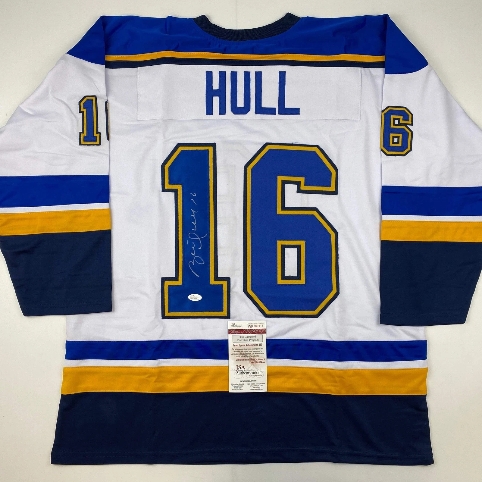 Autographed/Signed Brett Hull St. Louis White Hockey Jersey JSA COA