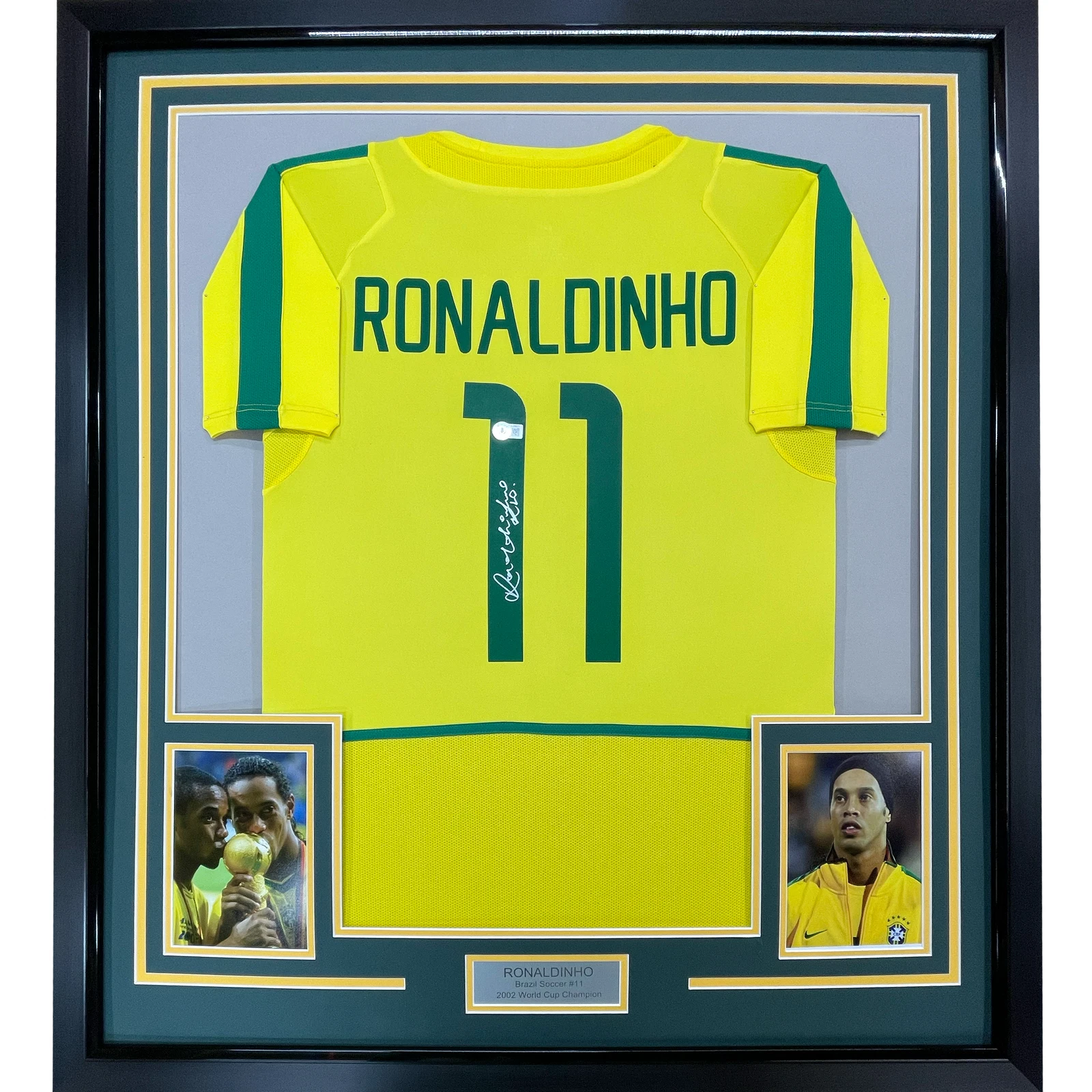 Framed Autographed/Signed Ronaldinho 33x42 Brazil Yellow Jersey Beckett BAS COA