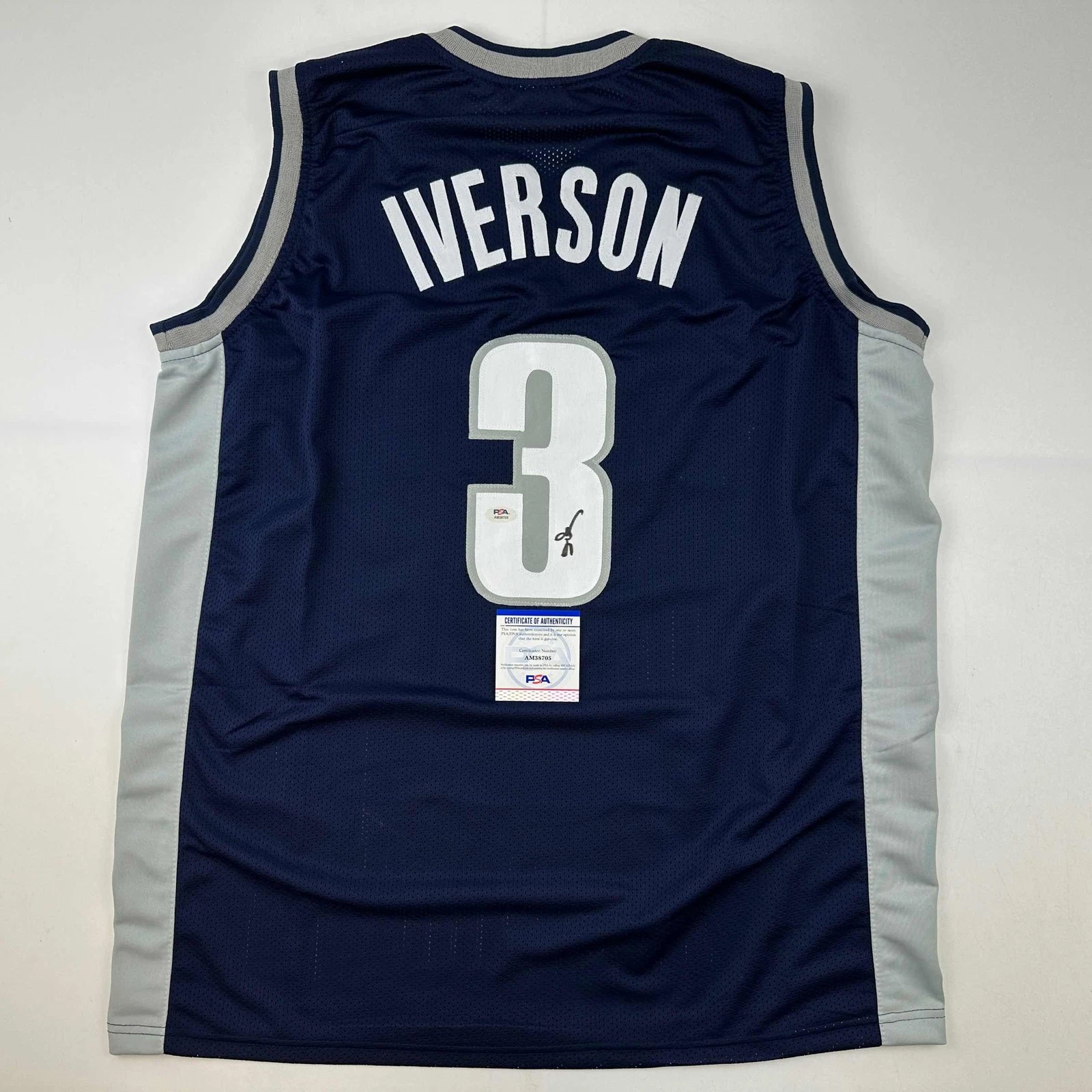 Autographed/Signed Allen Iverson Georgetown Blue College Basketball Jersey PSA/D
