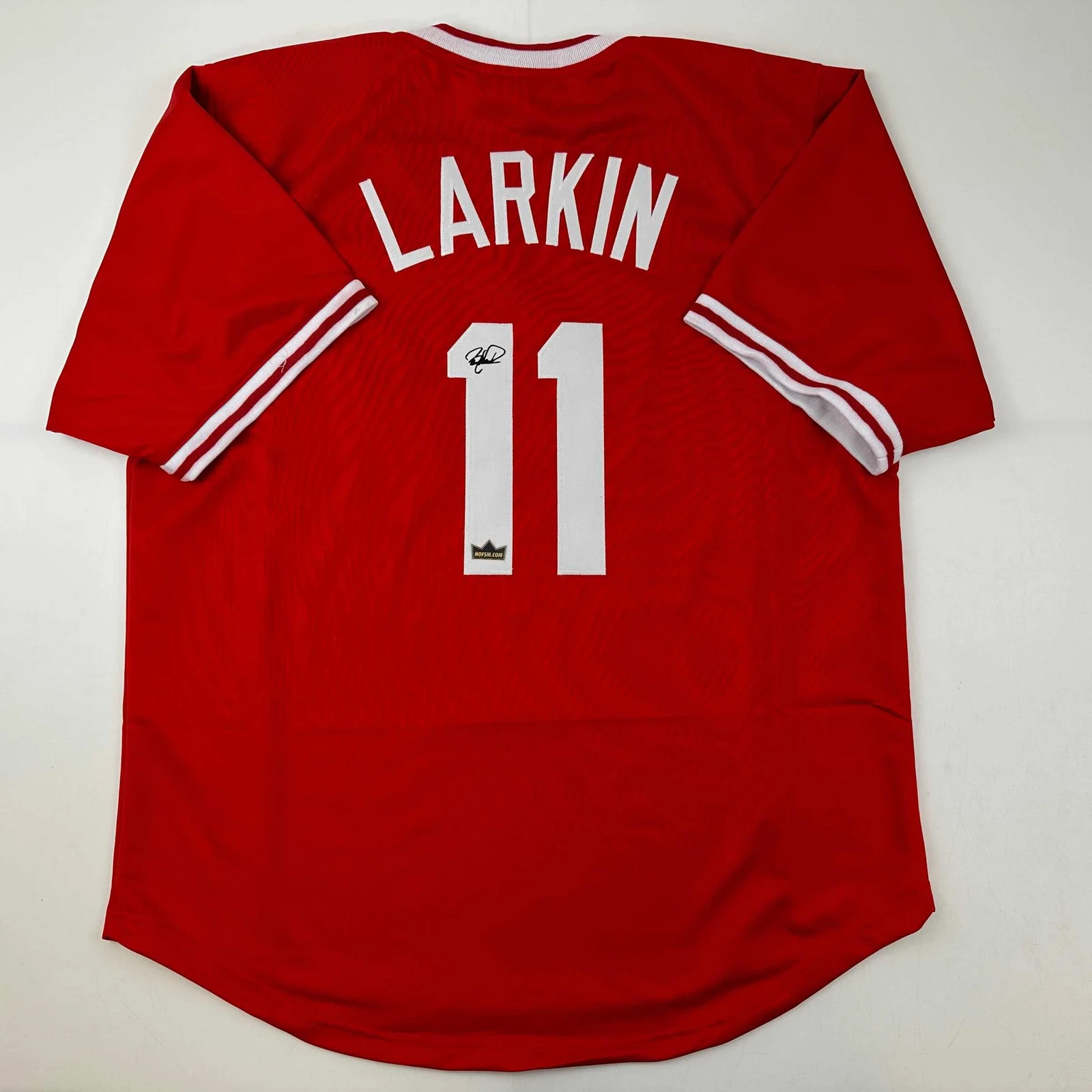 Facsimile Autographed Barry Larkin Cincinnati White Reprint Jersey Size Men's XL