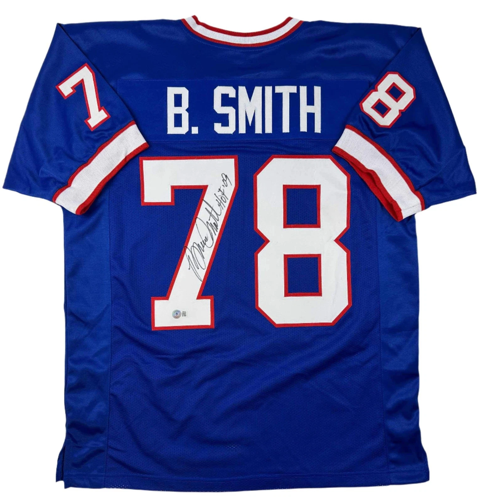 Autographed/Signed Bruce Smith HOF 09 Buffalo Blue Football Jersey Beckett COA