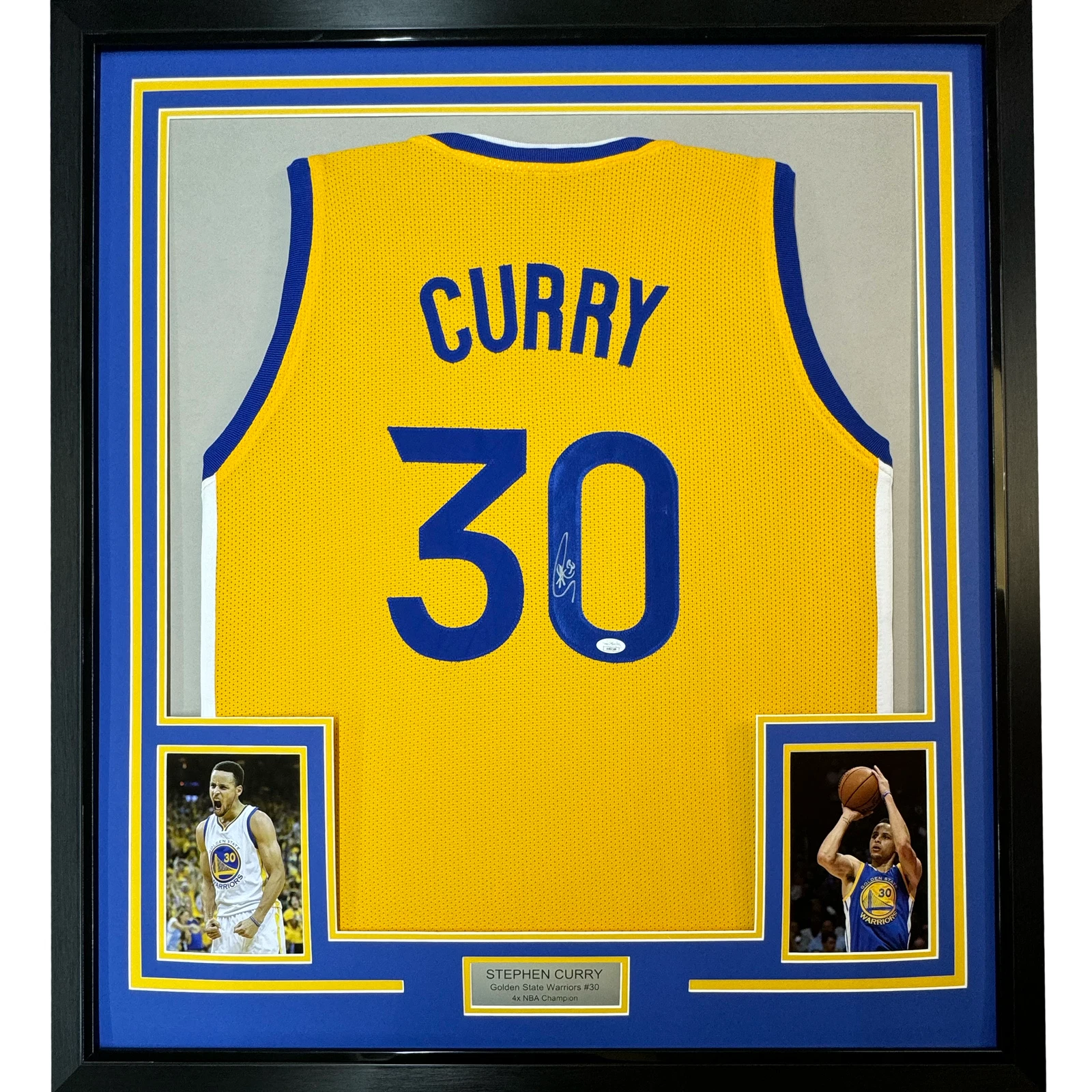 Framed Autographed/Signed Stephen Steph Curry 33x42 Yellow Jersey JSA COA