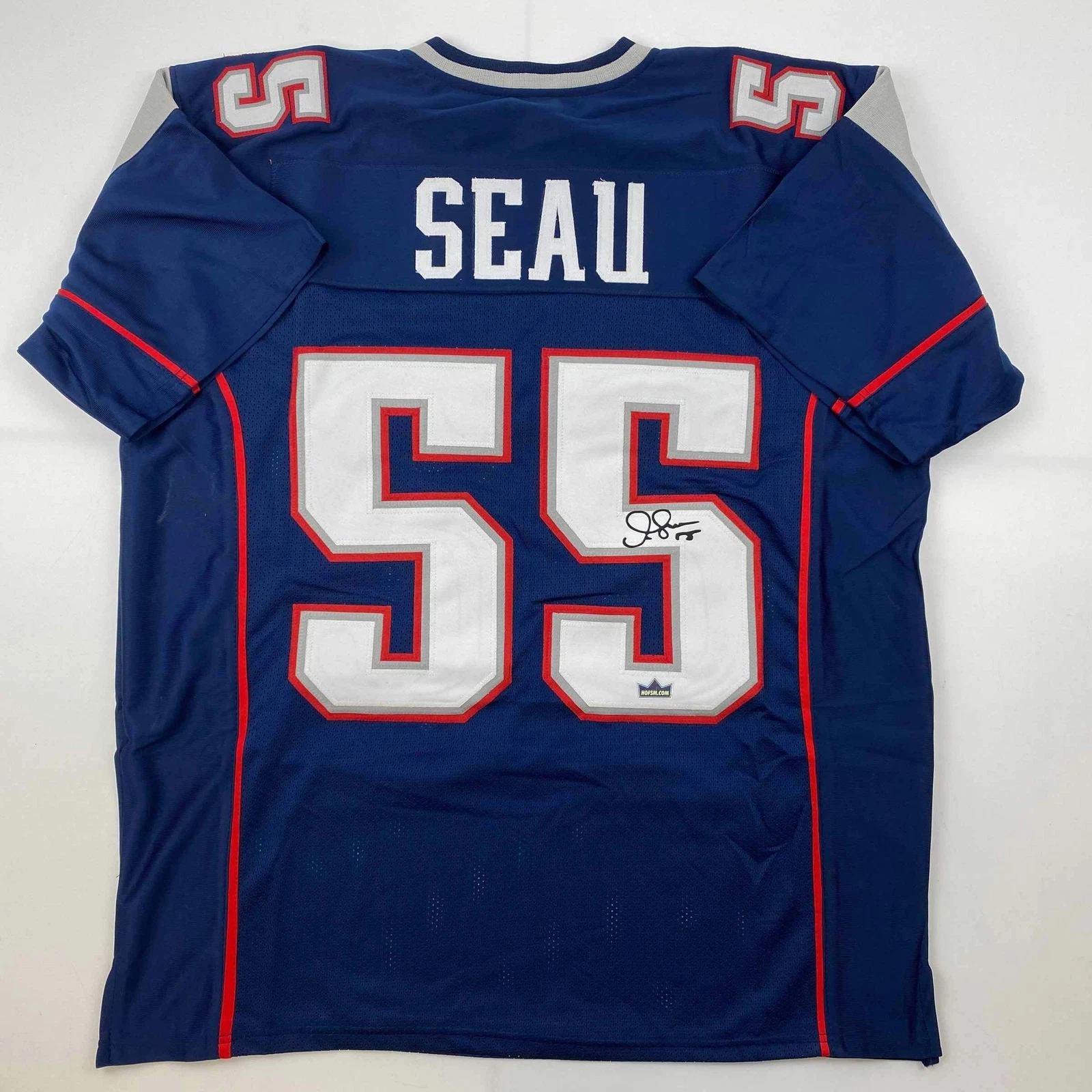 Facsimile Autographed Junior Seau New England Blue Reprint Jersey Size Men's XL