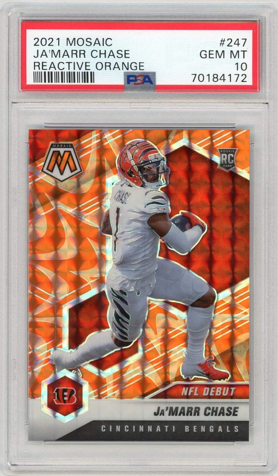 Graded 2021 Panini Mosaic Ja'Marr Chase #247 Reactive Orange RC Card PSA 10