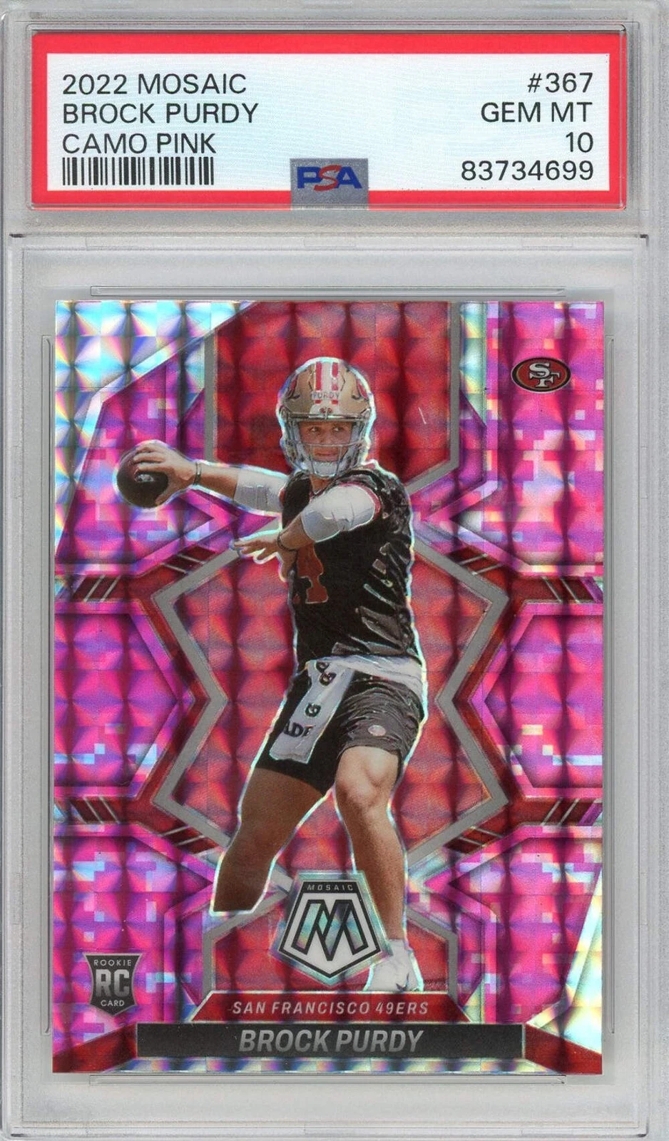 Graded 2022 Mosaic Brock Purdy #367 Camo Pink Rookie RC Football Card PSA 10 Gem