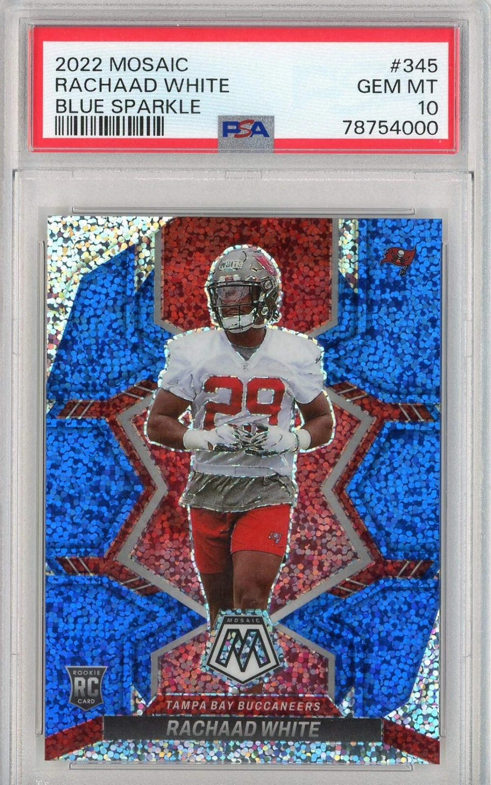 Graded 2022 Mosaic Rachaad White #345 Blue Sparkle Rookie Football Card PSA 10
