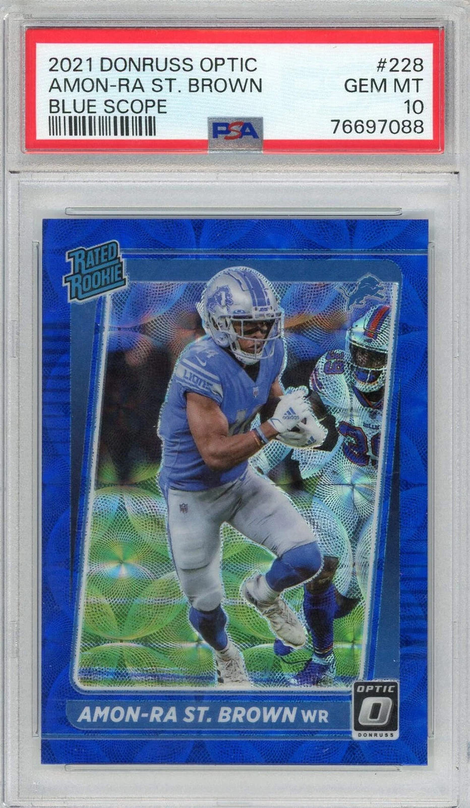 Graded 2021 Donruss Optic Amon-Ra St. Brown #228 Blue Scope Football Card PSA 10