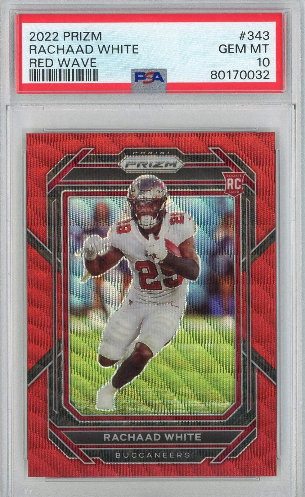 Graded 2022 Panini Prizm Rachaad White #343 Red Wave RC Football Card PSA 10