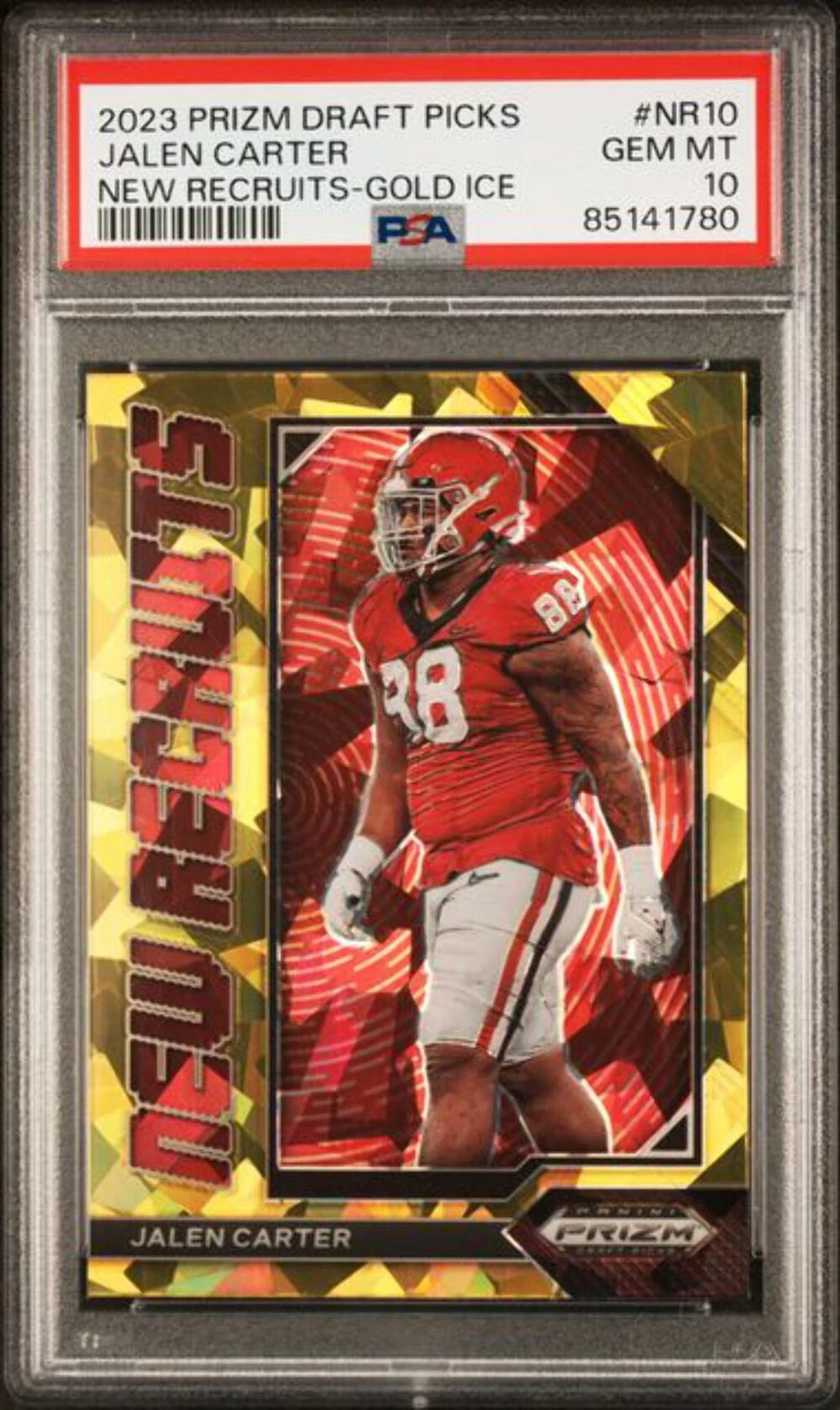 Graded 2023 Prizm DP Jalen Carter #NR10 Recruits-Gold Ice Football Card PSA 10