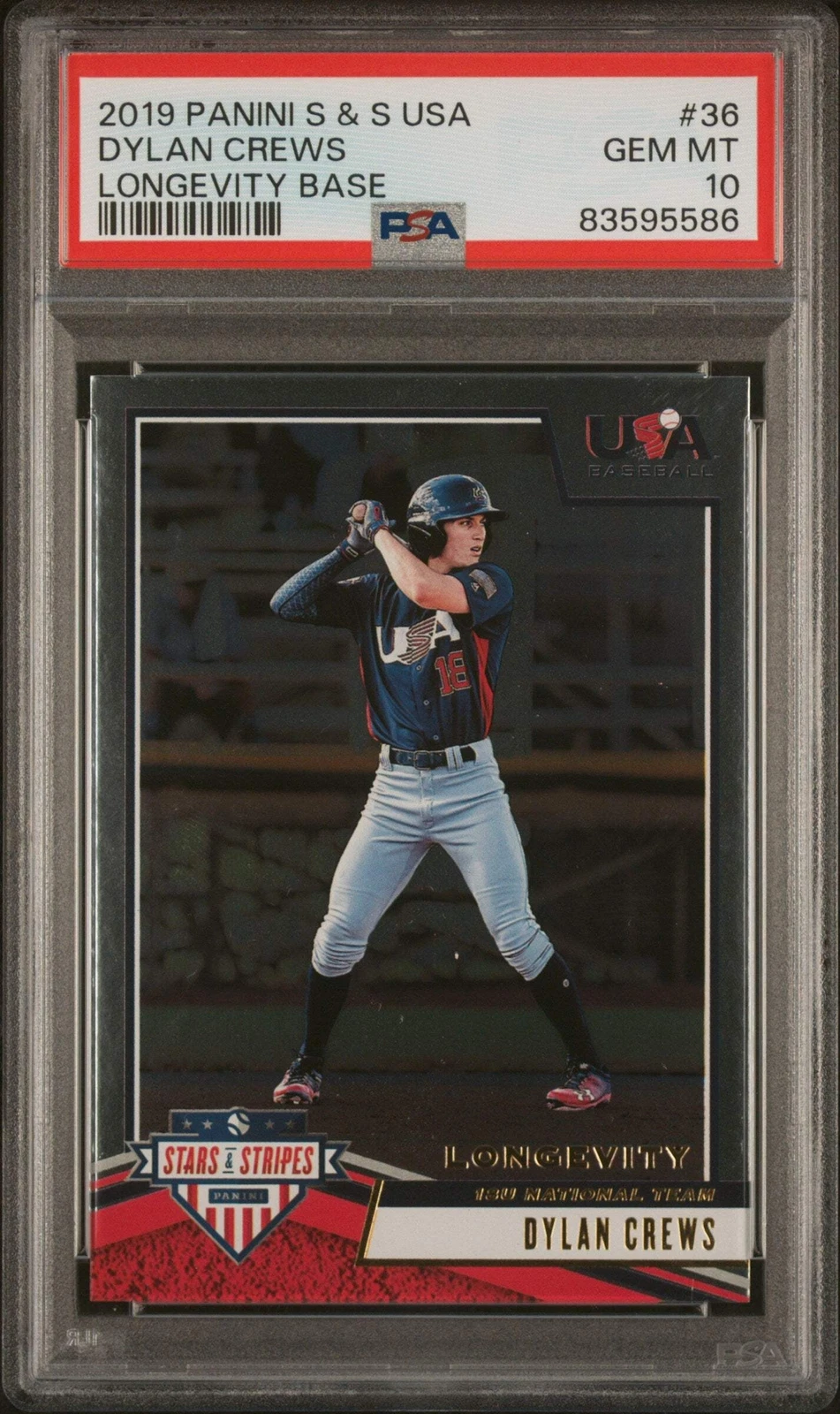 Graded 2019 Stars & Stripes USA Dylan Crews #36 Longevity Base Card PSA 10