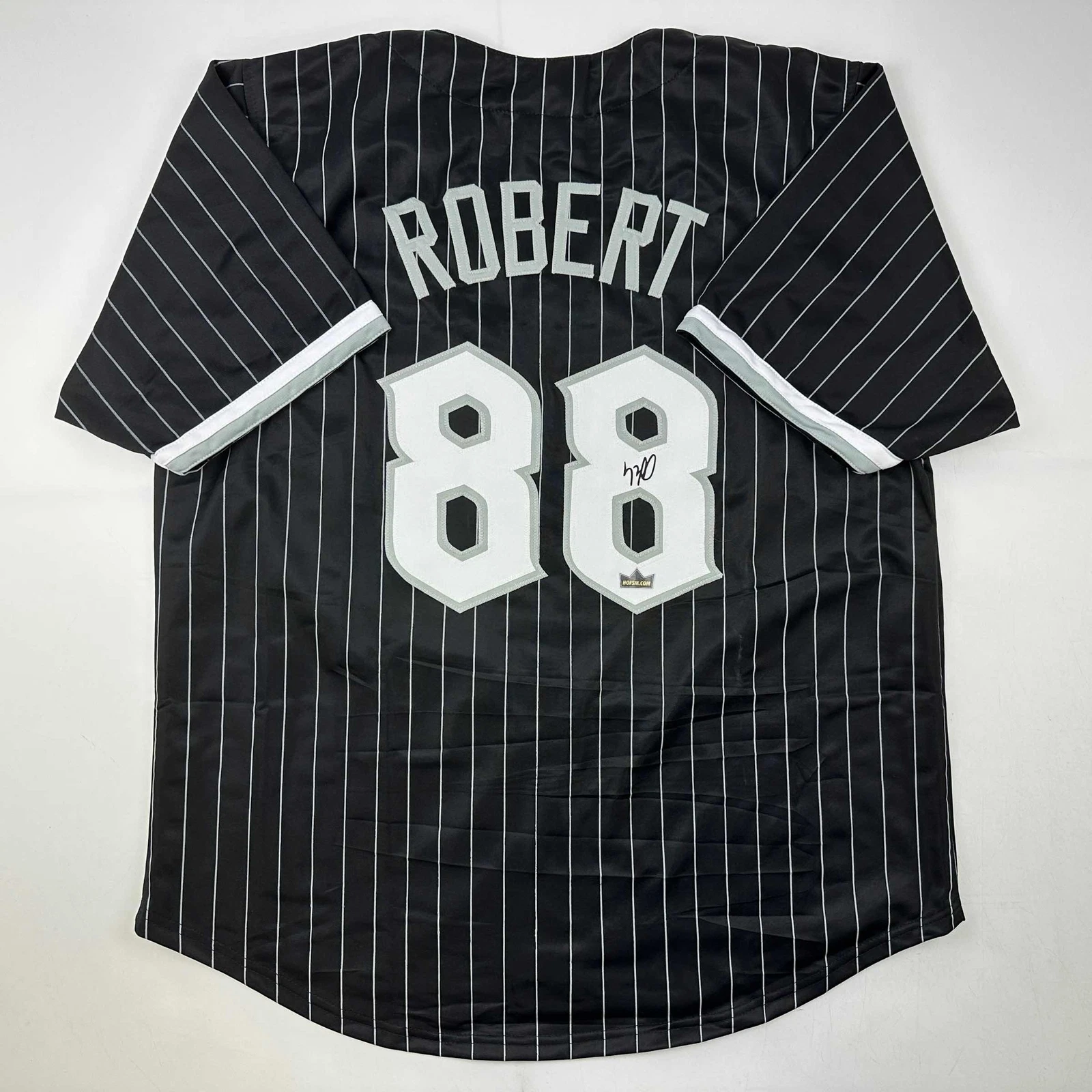 Facsimile Autographed Luis Robert Chicago Black Pinstripe Reprint Jersey Size XL