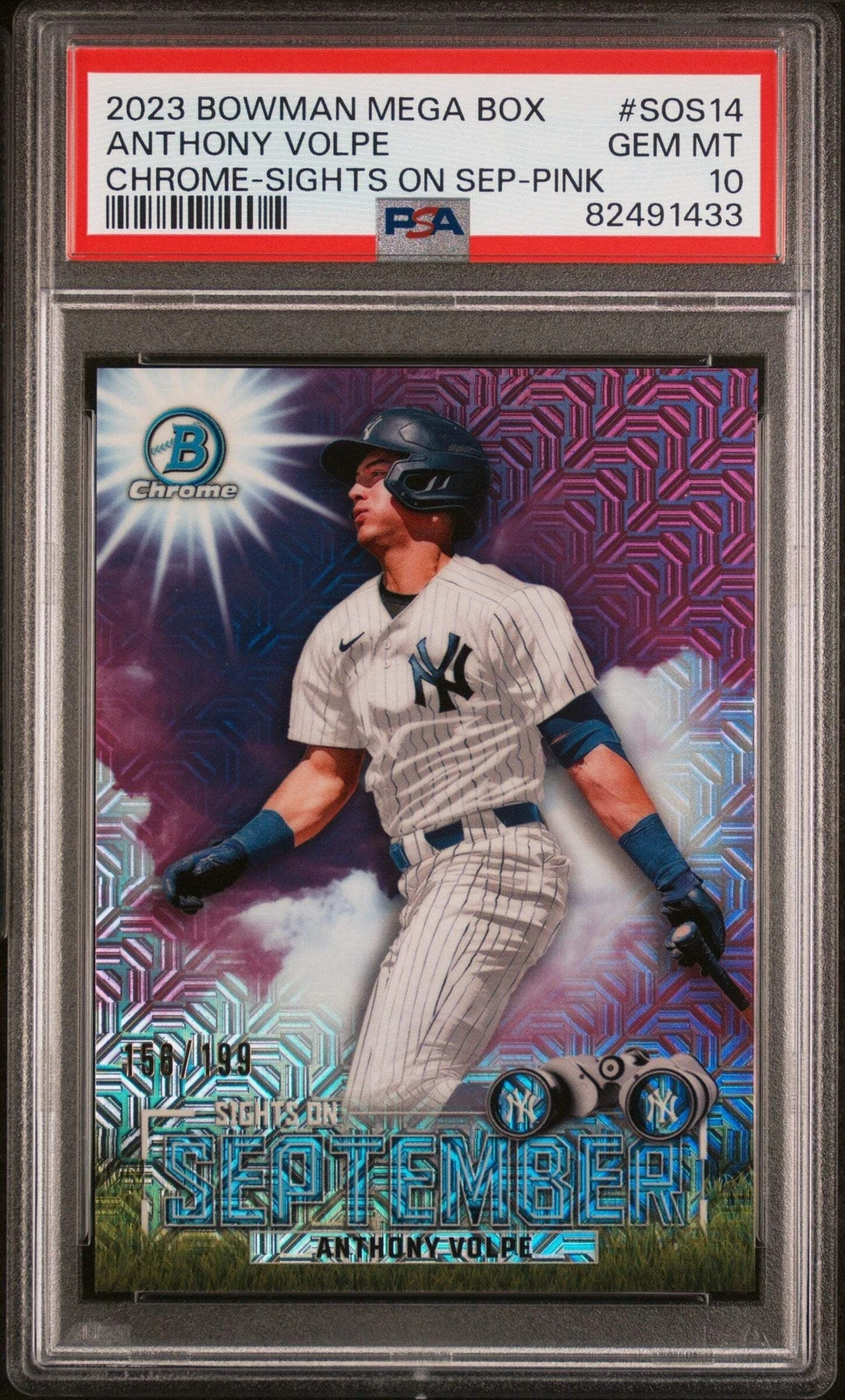 Graded 2023 BWM MB Anthony Volpe #SOS14 CHR Sept Pink #/199 Baseball Card PSA 10