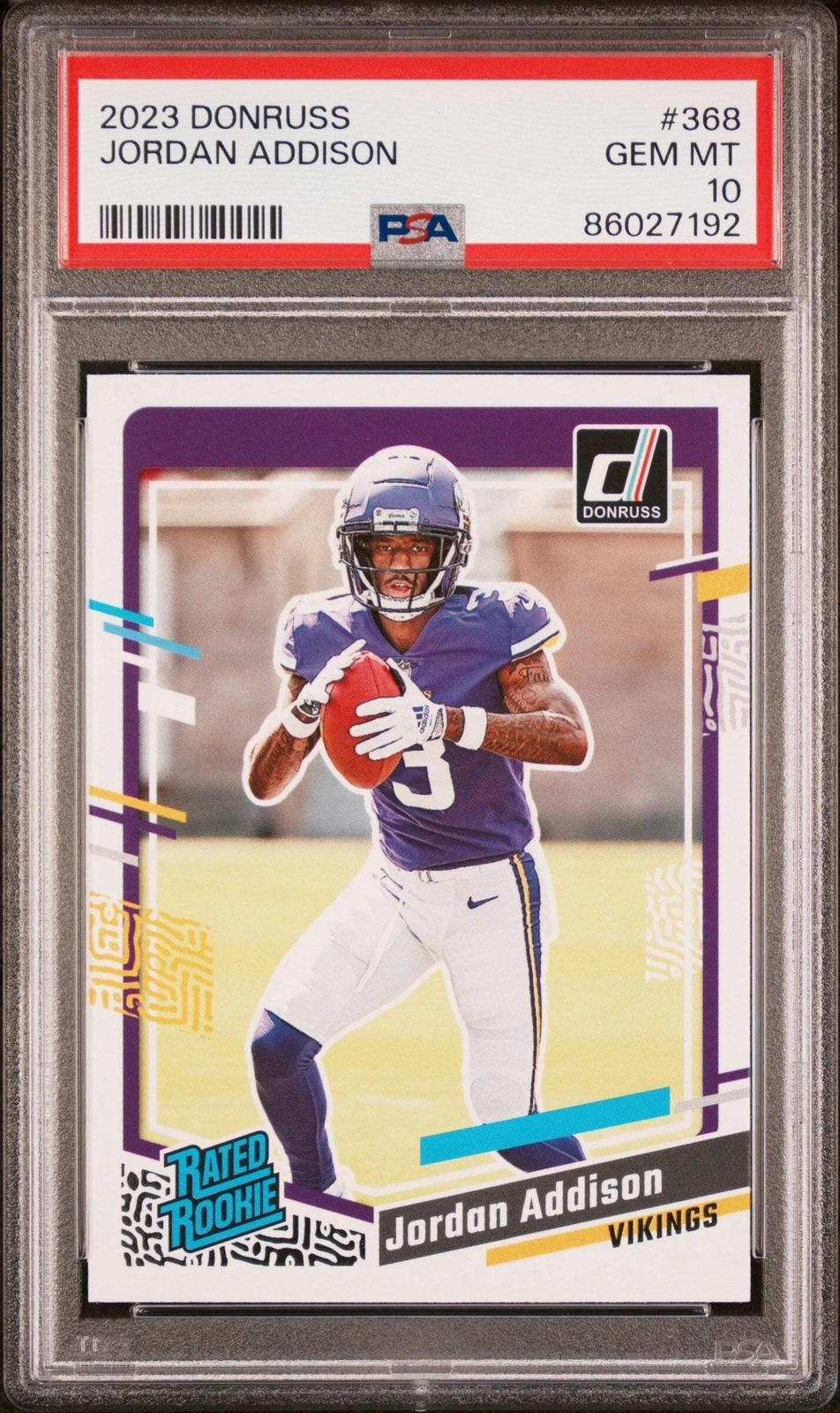 Graded 2023 Panini Donruss Jordan Addison #368 Rookie Football Card PSA 10 Gem