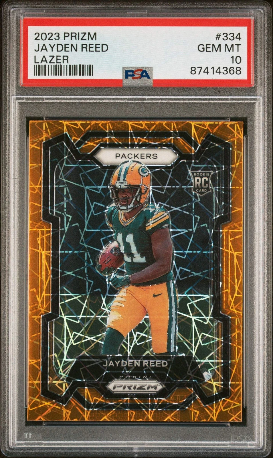 Graded 2023 Panini Prizm Jayden Reed #334 Lazer Rookie RC Football Card PSA 10