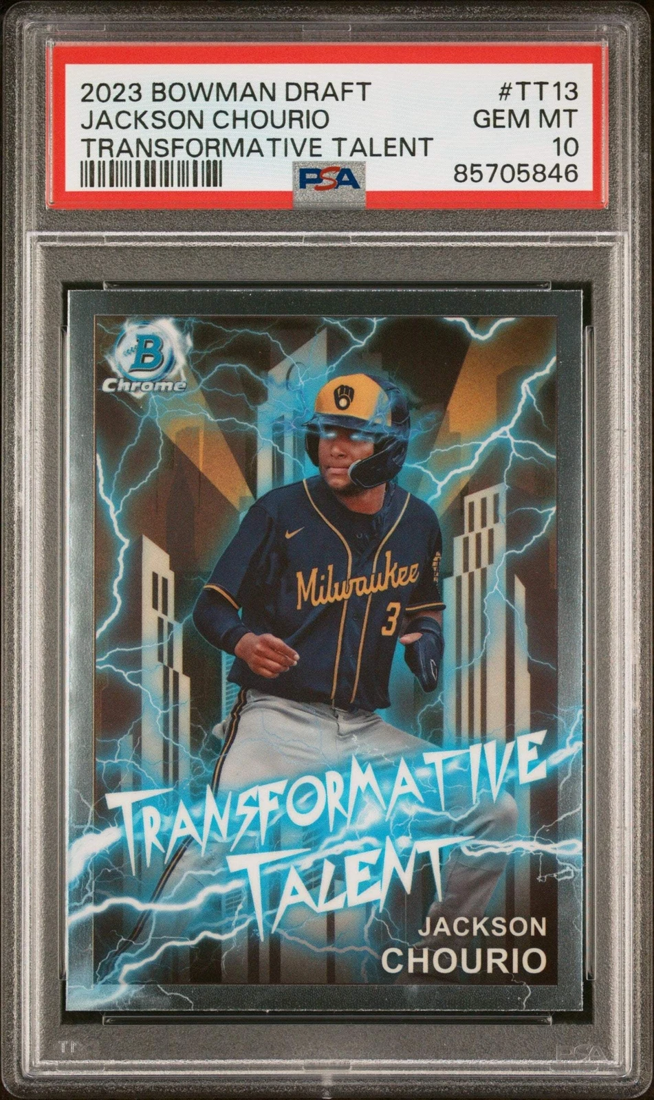 Graded 2023 BWM Draft Jackson Chourio #TT13 Trans Talent RC Baseball Card PSA 10